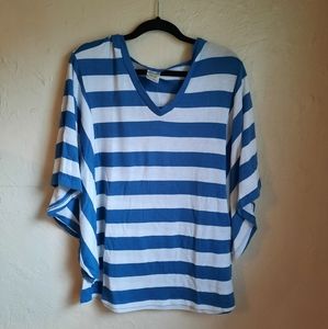 Inked and Faded blue and white stripped hooded top with winged sleeves